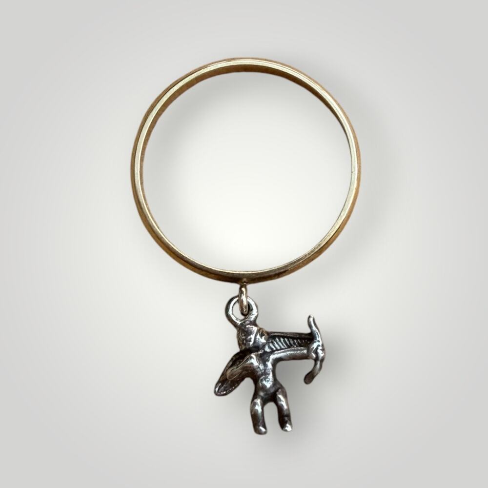 PBD Solid 10K Yellow Gold Band Ring with 925 Cupid Dangle Charm  Size 7